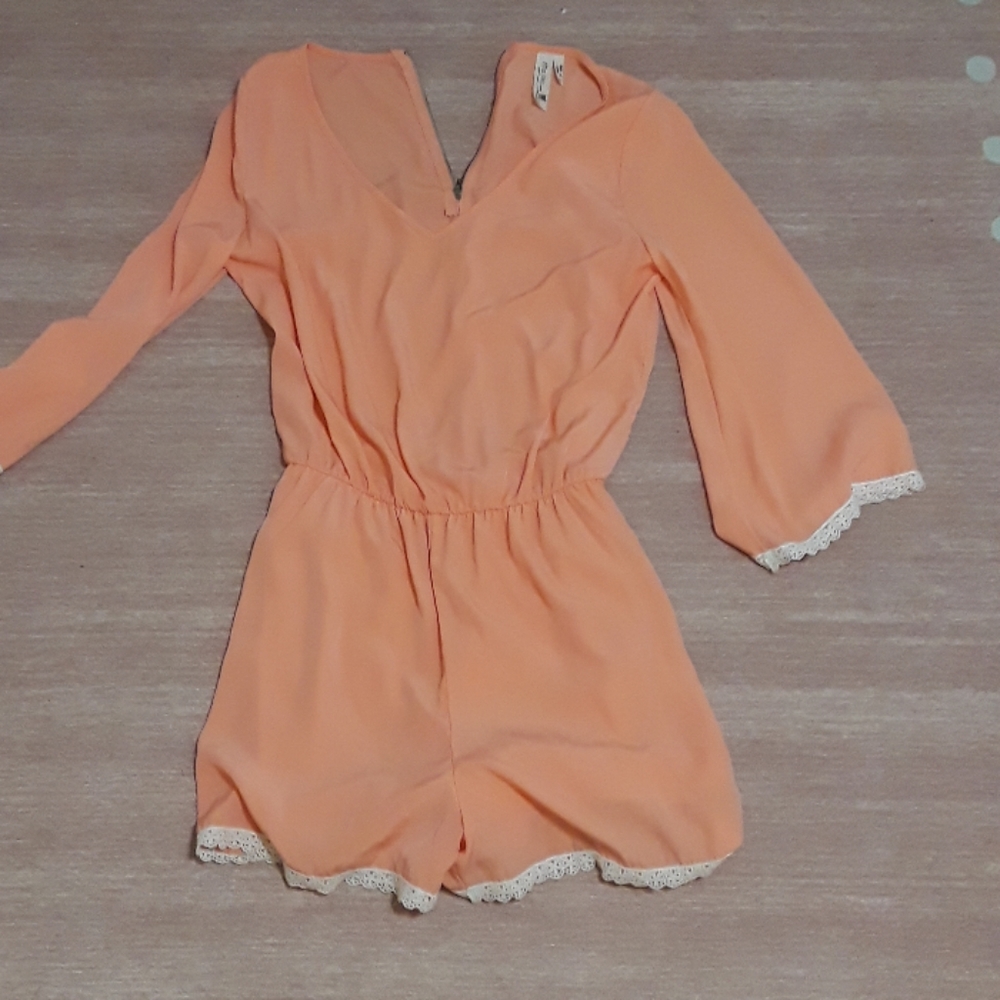 Peach Romper with Crochet Trim